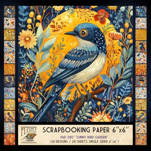 FLONZ Scrapbook-Papier (24 Blatt, 15,2 x 15,2 cm), Sunny Bird Garden ~ Fröhliche Blumen- und Vogelillustrationen im Volkskunst-Stil mit warmgelber Palette und handbemalten Gouache-Texturen von Flonz
