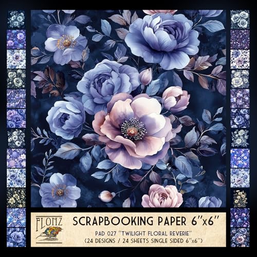 FLONZ Scrapbook-Papier (24 Blatt, 15,2 x 15,2 cm), Twilight Floral Reverie ~ Traumhafte Blumenmuster in tiefen Indigo- und Lavendeltönen, erstellt im digitalen Aquarell- und Tintenillustrationsstil von Flonz