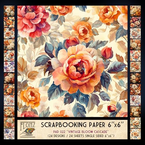 FLONZ Scrapbook-Papier (24 Blatt, 15,2 x 15,2 cm), Vintage Bloom Cascade ~ Eine reichhaltige Sammlung üppiger Blumen-Illustrationen im klassischen malerischen Stil mit weichem Pinsel, warmen Paletten von Flonz