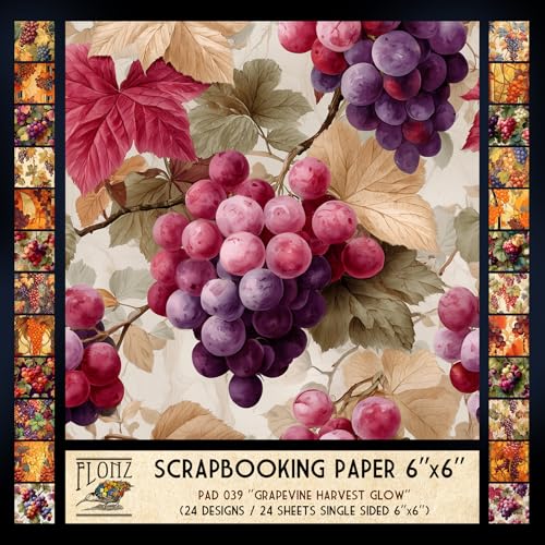 FLONZ Scrapbook-Papier (24 Blatt, 15,2 x 15,2 cm), Weinreben-Ernte, üppige Traubenbüschel und Ringelreben in botanischen Vintage- und Buntglasstilen mit reichhaltiger digitaler Illustration von Flonz