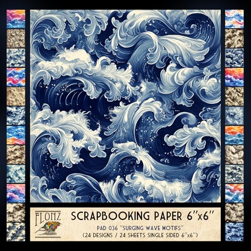 FLONZ Scrapbook-Papier (24 Blatt, 15,2 x 15,2 cm), Wellenmotive, dynamische Ozeanwellenkompositionen in digitaler Malerei und traditionellem Tintenstil mit reichen Texturen und stilisierter Bewegung von Flonz