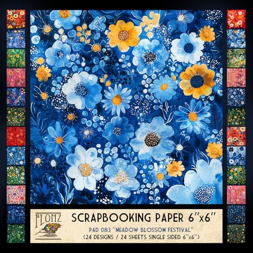 FLONZ Scrapbook-Papier (24 Blatt, 15,2 x 15,2 cm), Wiesenblüten-Festival, stilisierte Wildblumen im verspielten Volkskunst-Ansatz mit hellen Gouache-Texturen und lebendiger dekorativer Komposition von Flonz