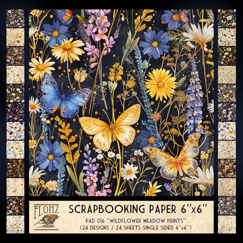 FLONZ Scrapbook-Papier (24 Blatt, 15,2 x 15,2 cm), Wildblumenwiesen-Drucke ~ Eine charmante Serie von Feldblumenkompositionen mit Schmetterlingen in zarten Vintage-inspirierten, malerischen Stil von Flonz