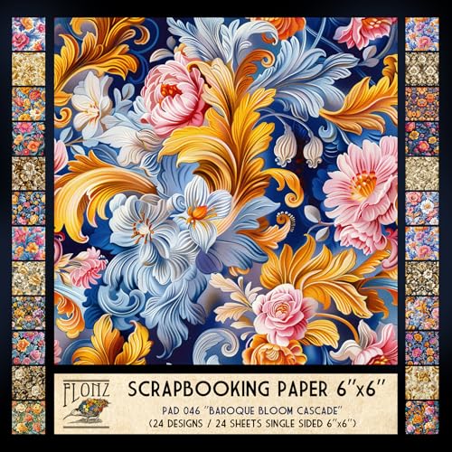 FLONZ Scrapbook-Papier (24 Blatt, 15,2 x 15,2 cm), barocke Blütenkaskade, reich detaillierte Blumenmuster im kunstvollen Barockstil mit kontrastreichem digitalen Pinselwerk und mehrlagiger von Flonz