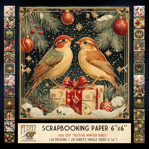 FLONZ Scrapbook-Papier (24 Blatt, 15,2 x 15,2 cm), festliche Wintervögel ~ Vintage-inspirierte Feiertags-Illustrationen mit Vögeln, Beeren, Weihnachtssternen und Kerzen mit malerischen Texturen und von Flonz