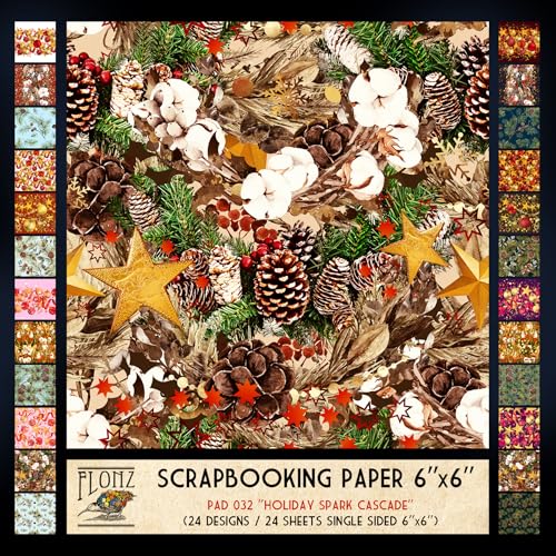 FLONZ Scrapbook-Papier (24 Blatt, 15,2 x 15,2 cm), festliche digitale Kompositionen von Ornamenten, Tannenzweigen und Sternen in einem verspielten Mixed-Media-Stil mit hellen saisonalen Farbpaletten von Flonz