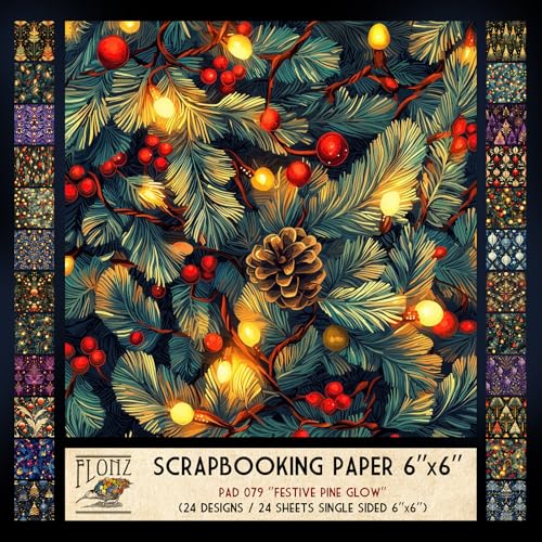 FLONZ Scrapbook-Papier (24 Blatt, 15,2 x 15,2 cm), festliches Kiefernlicht, leuchtende weihnachtliche dekorative Tannenzweige und Ornamente in stilisierter malerischer Technik mit volks-inspirierter von Flonz