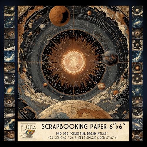 FLONZ Scrapbook-Papier (24 Blatt, 15,2 x 15,2 cm), himmlischer Traumatlas, skurrile kosmische Ausblicke, kombiniert Vintage-Astronomie-Gravuren mit digitalem Surrealismus und stilisierten von Flonz