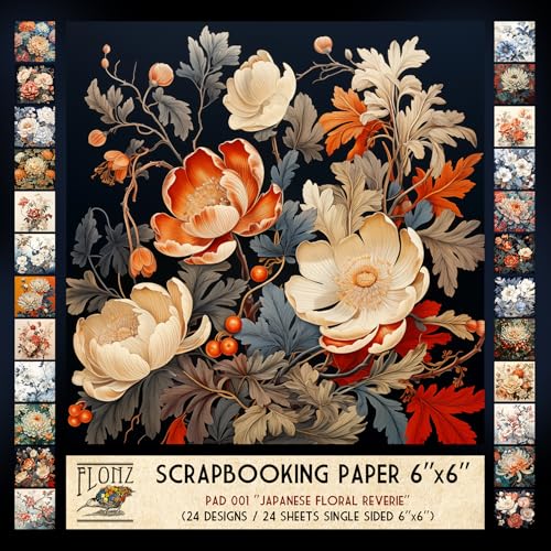 FLONZ Scrapbook-Papier (24 Blatt, 15,2 x 15,2 cm), japanisches Blumenmuster, Reverie ~ Eine Sammlung malerischer Blütenkompositionen im traditionellen ostasiatischen Stil mit weichen Tintenstrukturen von Flonz