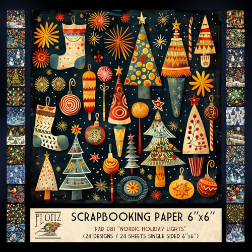 FLONZ Scrapbook-Papier (24 Blatt, 15,2 x 15,2 cm), nordische Weihnachtslichter, skurrile Winter- und Weihnachtsszenen im dekorativen Volksstil mit leuchtenden Lichtern und malerischen Texturen von Flonz