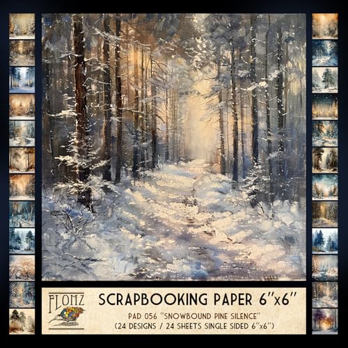 FLONZ Scrapbook-Papier (24 Blatt, 15,2 x 15,2 cm), schneegebundene Kiefer Stille ~ Stimmungsvolle digitale Gemälde von ruhigen Winterwäldern mit schneebeladenen Kiefern und weichem Licht, geschaffen von Flonz