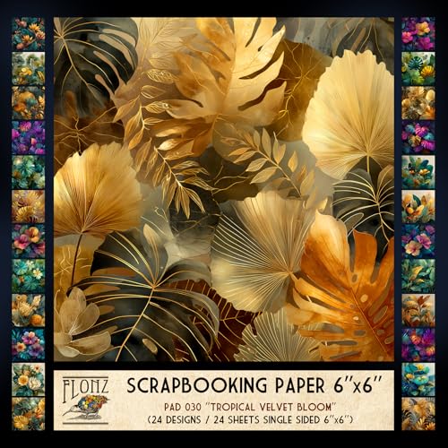 FLONZ Scrapbook-Papier (24 Blatt, 15,2 x 15,2 cm), tropische Samt-Blüte, üppige digitale Blumen und Blätter in tiefen Juwelentönen und goldenen Farbverläufen, vermischt Realismus mit weicher von Flonz