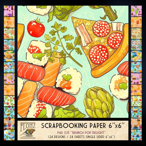 FLONZ Scrapbook-Papier (24 Blatt, 15,2 x 15,2 cm) Brunch Pop Delight ~ Helle Pop-Art-Stil Essen-Illustrationen mit kräftigen Konturen und digitaler Malerei mit einer fröhlichen Cartoon-Technik von Flonz