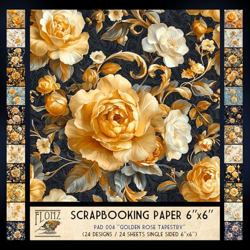 FLONZ Scrapbook-Papier (24 Blatt, 15,2 x 15,2 cm) Goldener Rosen-Tapisserie ~ Eine raffinierte Serie digital gemalter goldener Blumen mit aufwendigen Details und luxuriöser Textur in von Flonz