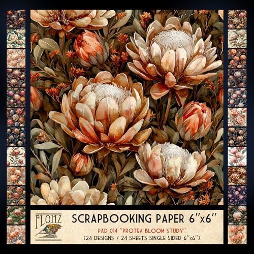 FLONZ Scrapbook-Papier (24 Blatt, 15,2 x 15,2 cm) Protea Bloom Study ~ Eine auffällige Sammlung von Protea-Blumen-Illustrationen im reich geschichteten Malstil mit weichen Farbverläufen und von Flonz