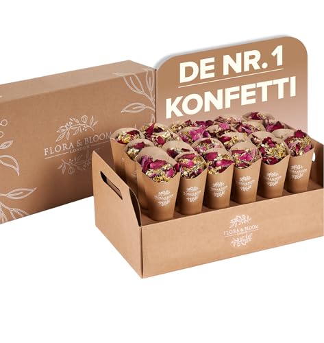 Flora & Bloom Biologisch abbaubares Konfetti mit vorgefertigten Zapfen, getrocknete Blumen (3 Liter), Hochzeitskonfetti-Set, Pop-Offene Zapfen und Tablett, Jasmin, Lavendel und Rosenblätter, von Flora & Bloom