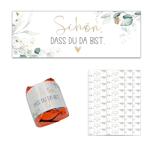 FloraVigo 100 Aufkleber Schön, dass du da bist Gastgeschenkaufkleber Eukalyptus, Pralinenaufkleber für Taufen, Gastgeschenke, Geburtstage, Kommunionen, Hochzeiten (Grün) von FloraVigo