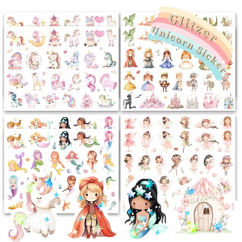 FloraVigo 8 Stück Feen-Glitzeraufkleber mit Glitzereffekt, 434 Muster von Glitzeraufklebern, holografische Tiere|Feen|Meerjungfrauenaufkleber, für Kinder Mädchen Scrapbooking Fotoalbum Geschenke von FloraVigo