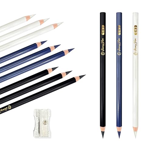 FloraVigo 9 Stück Schneiderkreide, Schneiderkreidestift, Stoffkreide Nähkreide, Nähen Bleistift, Stoff Marker Stift für Schneiderei Nähen Notizen Basteln (3 Weiß 3 Blau 3 Schwarz) von FloraVigo