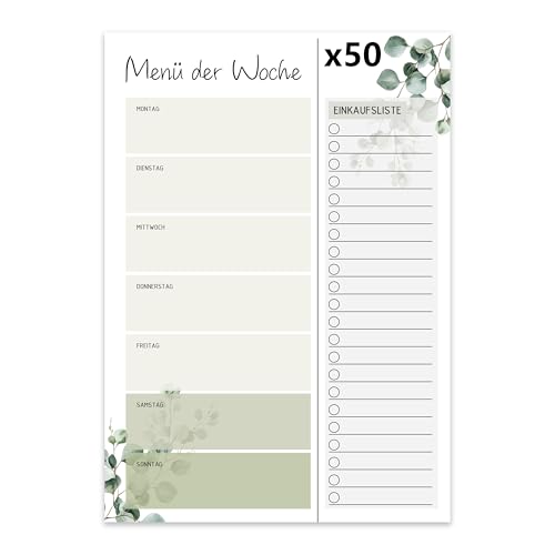 FloraVigo Essensplaner, 50 Menüplaner mit Einkaufsliste zum Abtrennen, Einkaufsliste – Notizblock – A5 – Menüplaner für Familie, Freunde von FloraVigo