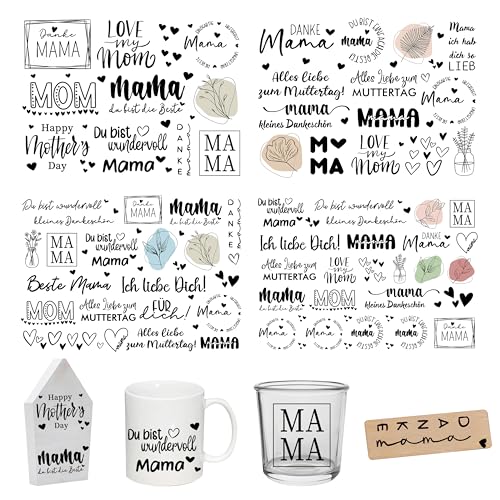 FloraVigo Rub On Sticker ca.A5 19x14cm-Spruch Deko zum Geburtstag, Keraflott, Hochzeit, Zuhause, Wischfolie für Möbel, Glas, Holz, Fotoalbum, DIY Deko, Aufkleberästhetik(4PCS) (BESTE MAMA) von FloraVigo
