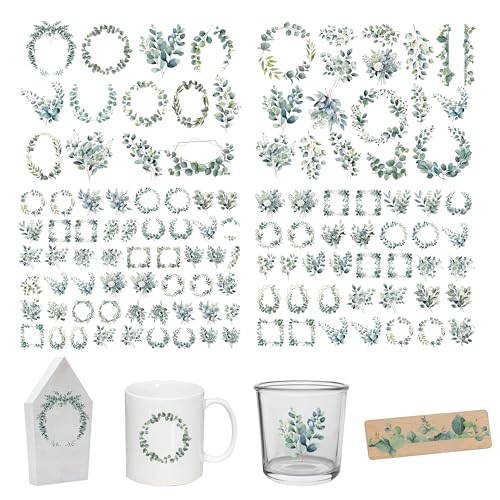 FloraVigo Rub On Sticker ca.A5 19x14cm-Spruch Deko zum Geburtstag, Keraflott, Hochzeit, Zuhause, Wischfolie für Möbel, Glas, Holz, Fotoalbum, DIY Deko, Aufkleberästhetik(4PCS) (Eukalyptus) von FloraVigo