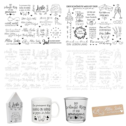 FloraVigo Rub On Sticker ca.A5 19x14cm-Spruch Deko zum Geburtstag, Keraflott, Hochzeit, Zuhause, Wischfolie für Möbel, Glas, Holz, Fotoalbum, DIY Deko, Aufkleberästhetik(4PCS) (HOCHZEIT) von FloraVigo
