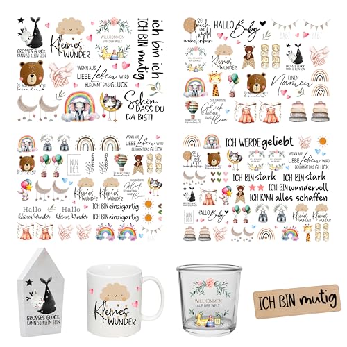 FloraVigo Rub On Sticker ca.A5 19x14cm-Spruch Deko zum Geburtstag, Keraflott, Hochzeit, Zuhause, Wischfolie für Möbel, Glas, Holz, Fotoalbum, DIY Deko, Aufkleberästhetik(4PCS) (Hallo Baby) von FloraVigo