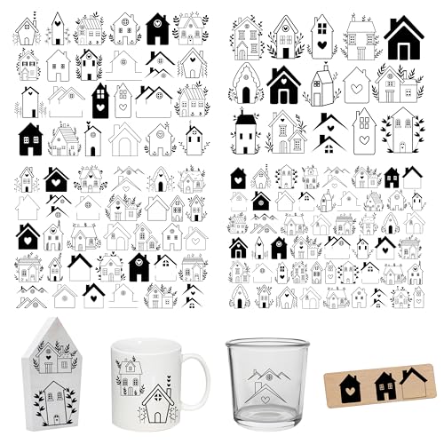 FloraVigo Rub On Sticker ca.A5 19x14cm-Spruch Deko zum Geburtstag, Keraflott, Hochzeit, Zuhause, Wischfolie für Möbel, Glas, Holz, Fotoalbum, DIY Deko, Aufkleberästhetik(4PCS) (Haus) von FloraVigo