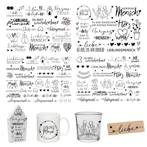 FloraVigo Rub On Sticker ca.A5 19x14cm-Spruch Deko zum Geburtstag, Keraflott, Hochzeit, Zuhause, Wischfolie für Möbel, Glas, Holz, Fotoalbum, DIY Deko, Aufkleberästhetik(4PCS) (Herzensmensch) von FloraVigo
