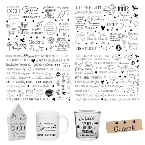 FloraVigo Rub On Sticker ca.A5 19x14cm-Spruch Deko zum Geburtstag, Keraflott, Hochzeit, Zuhause, Wischfolie für Möbel, Glas, Holz, Fotoalbum, DIY Deko, Aufkleberästhetik(4PCS) (TRAUER) von FloraVigo