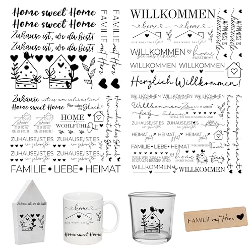 FloraVigo Rub On Sticker ca.A5 19x14cm-Spruch Deko zum Geburtstag, Keraflott, Hochzeit, Zuhause, Wischfolie für Möbel, Glas, Holz, Fotoalbum, DIY Deko, Aufkleberästhetik(4PCS) (Zuhause Home) von FloraVigo