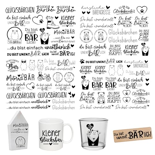FloraVigo Rub On Sticker ca.A5 19x14cm-Spruch Deko zum Geburtstag, Keraflott, Hochzeit, Zuhause, Wischfolie für Möbel, Glas, Holz, Fotoalbum, DIY Deko, Aufkleberästhetik(4PCS) (unentBÄRlich) von FloraVigo