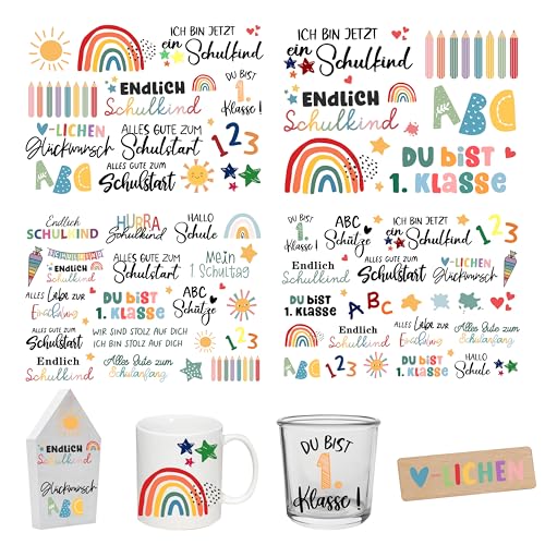 FloraVigo Rub On Sticker ca.A5 19x14cm-Spruch Deko zum Geburtstag, Keraflott, Hochzeit, Zuhause, Wischfolie für Möbel, Glas, Holz, Fotoalbum, DIY Deko, Aufkleberästhetik-(4PCS) (Schulkind) von FloraVigo