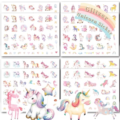 FloraVigo sticker kinder, 8er-Pack Glitzeraufkleber, 300 Aufkleber mit Tiermustern für Kinder, Mädchen, Sammelalben, Alben, Geschenke (Einhorn) von FloraVigo