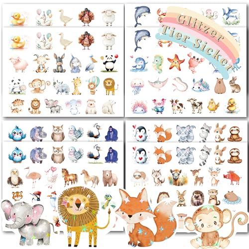 Tier Glitzer Sticker mit Glitzereffekt 8pcs Über 150 Motiv Glitzersticker Tiersticker Aufkleber Holografische Tiere Waldtiere für Kinder Mädchen Scrapbooking Fotoalbum Geschenke (Tier) von FloraVigo