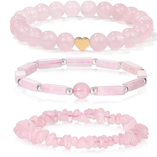 FloralGrace 3 Stück Rosenquarz Armbänder für Damen 8mm Rosa Quarz Armband Naturstein Perlen Armbänder Handgemachte Stretch Edelstein Armband Heilsteine Armband Heilender von FloralGrace