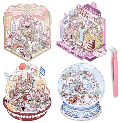 FloralGrace 4 Stück DIY 3D House Stickers, Miniatur Haus Sticker 3D, 3D Sticker Scene Niedliche Cartoon Szenen für Frauen Mädchen Teenager Kinder von FloralGrace