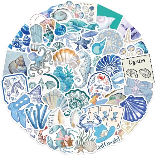 FloralGrace 50 Stück Wasserfeste Blaue Meerestier Sticker Set, Cartoon Sommer Aufkleber für Kinder, Jugendliche Und Erwachsene, Laptoptauglich Und Klebefest von FloralGrace
