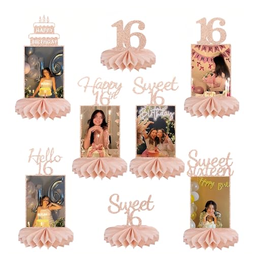 FloralGrace 8 Stück Happy 16. Geburtstags Dekorationen Bienenwabe Mittelstücke für Mädchen, Rosa Rose Gold Glitzer Süße 16 Geburtstags Foto Tisch Mittelstück Party Zubehör von FloralGrace