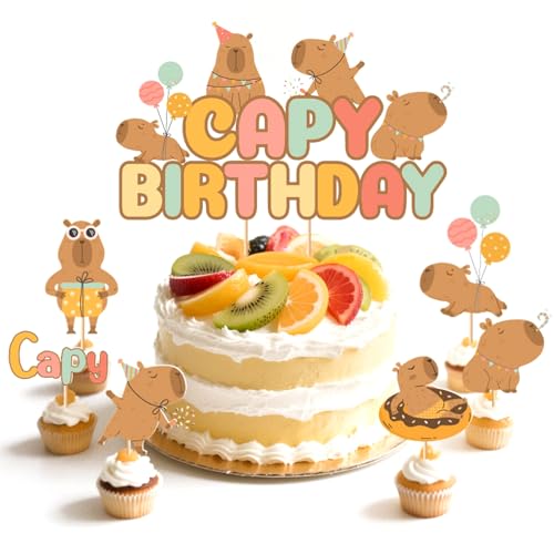 FloralGrace Capibara Kuchen Topper Und 12 Stück Cupcake Topper Deko Set Sommer Chill Stil Capibara Geburtstag Deko Party Zubehör Für 1 2 3 4 5 6 7 8 9 10 Jahre Alte von FloralGrace