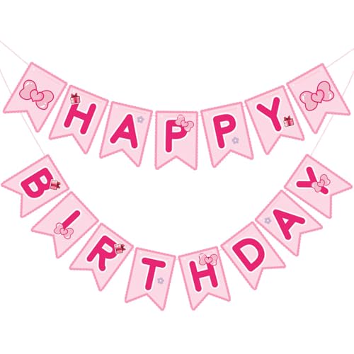 FloralGrace Rosa Niedliche Kitty Happy Birthday Banner Vorgefädelte Aufhängung Cartoon Süße Katze Party Deko Cartoon Kitty Motiv Party Deko Banner Für Mädchen Frauen von FloralGrace