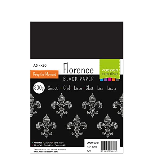 Florence 2920-0301 Fotokarton DIN A5, Schwarz, 300g/m², 20 Stück, Bastelpapier für Basteln, Scrapbooking, Handlettering, DIY-Crafts von Vaessen Creative