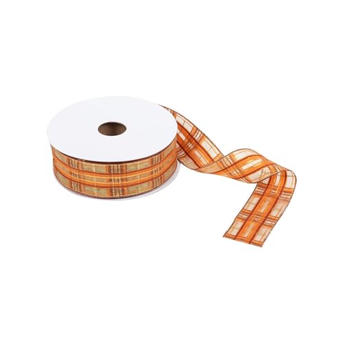 FloristryWarehouse Hochwertiges Drahtband, 25 m x 38 mm, Herbstorange und Gold, Schottenkaro-Design von Floristrywarehouse