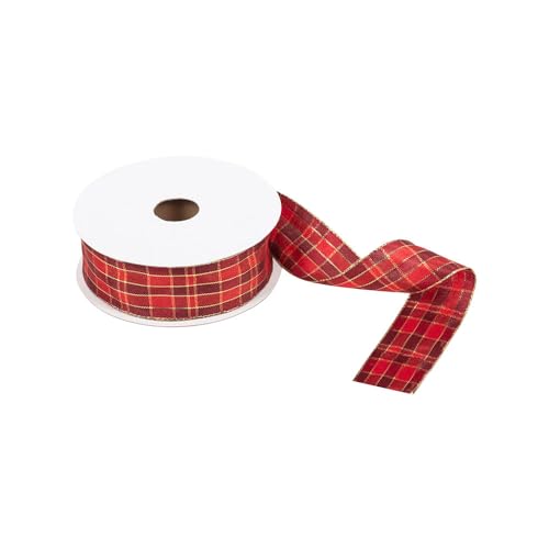 FloristryWarehouse Hochwertiges Drahtband, 25 m x 38 mm, Weihnachtsmotiv, Rot und Gold, Schottenkaro-Design von Floristrywarehouse