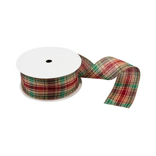 FloristryWarehouse Premium Drahtkantenband, 25 m x 63 mm, Natur mit roten, grünen und goldenen Schottenkaro-Muster von Floristrywarehouse