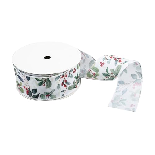 FloristryWarehouse Premium Drahtkantenband, 25 m x 63 mm, Weiß mit Aquarell-Mistelzweig-Design von Floristrywarehouse