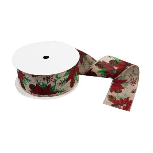 FloristryWarehouse Premium Drahtkantenband, 25 m x 63 mm, naturfarben, mit Weihnachtsstern und Tannenzapfen von Floristrywarehouse