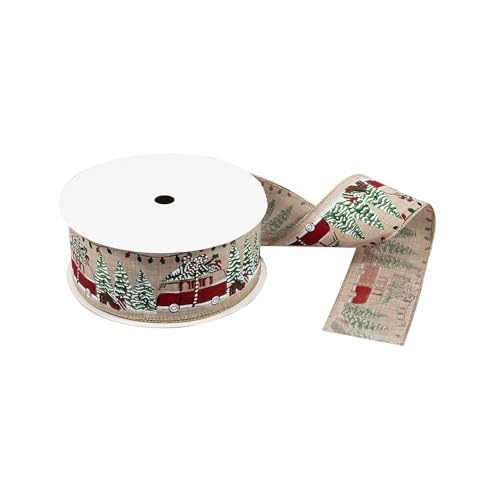 FloristryWarehouse Premium Drahtkantenband, 25 m x 63 mm, naturfarben mit Weihnachtsbaum und Wohnmobil-Design von Floristrywarehouse
