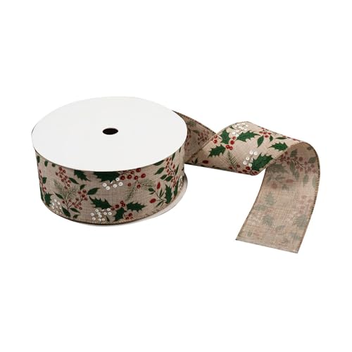 FloristryWarehouse Premium Drahtkantenband, 25 m x 63 mm, naturfarben mit bedrucktem Stechpalmen- und Beeren-Design von Floristrywarehouse